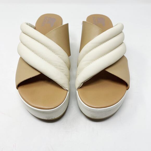 Sorel Womens 9.5 Chalk Honest Beige Cameron Flatform Puff Mule Sandal Leather - Picture 7 of 15